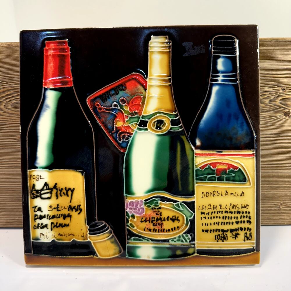 Hand Painted Wine Bottle Tile Art Tuscan Kitchen Decor Wall Hanging Rustic VTG